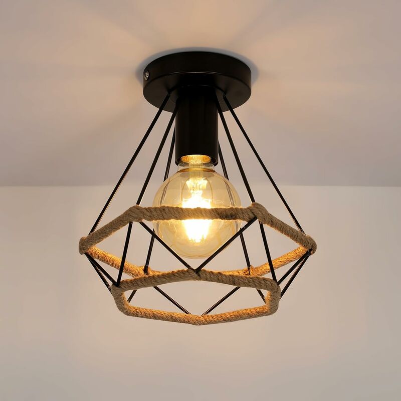 foto del prodotto goeco lampada da soffitto vintage industriale 20cm x 22cm, lampada a sospensione retro a diamante con corda di canapa e27 per camera da letto