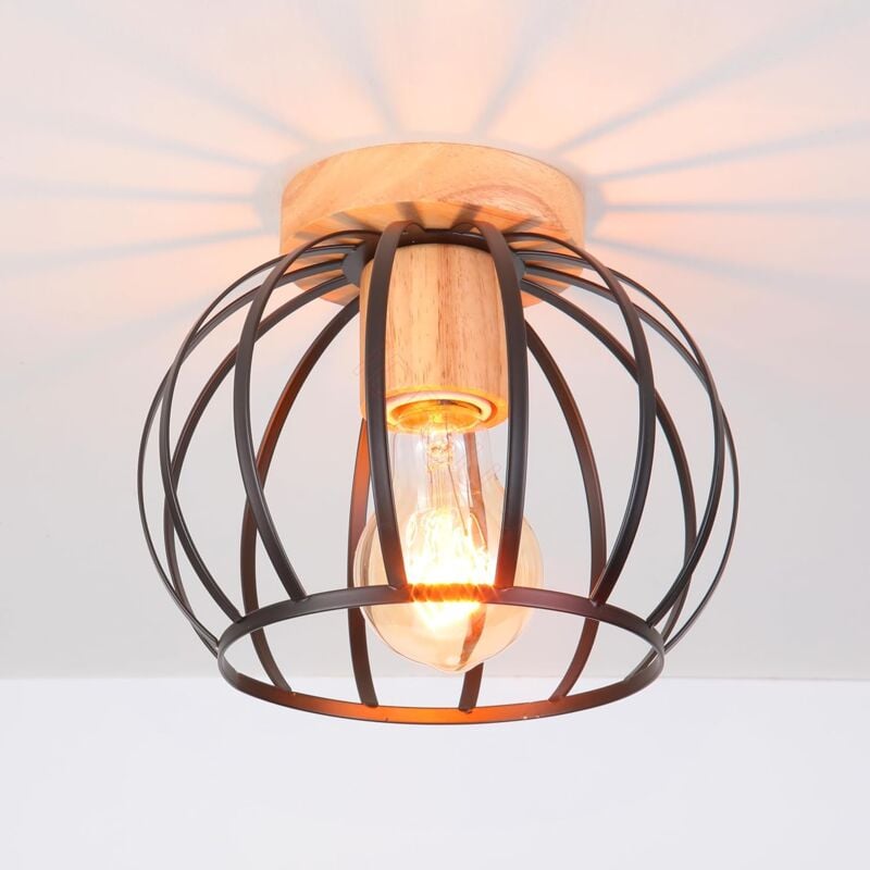 foto del prodotto goeco lampada da soffitto vintage nera attacco e27, paralume a gabbia in metallo con base in legno, lampada a sospensione per ingresso, balcone e