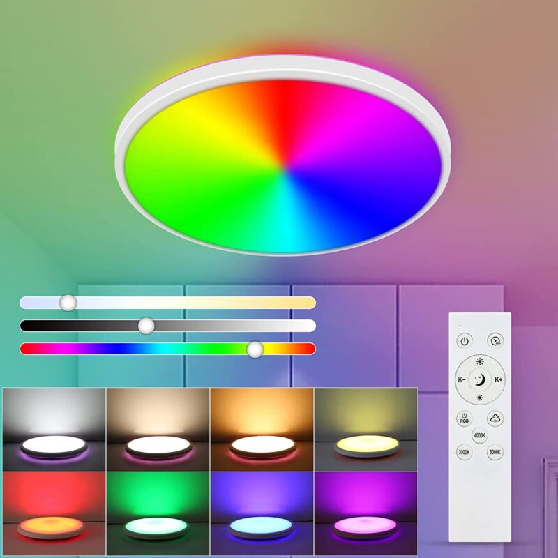 foto del prodotto goeco plafoniera led rgb dimmerabile, 24w plafoniera led soffitto moderna, retroilluminata ip44 plafoniera bagno, telecomando plafoniere per