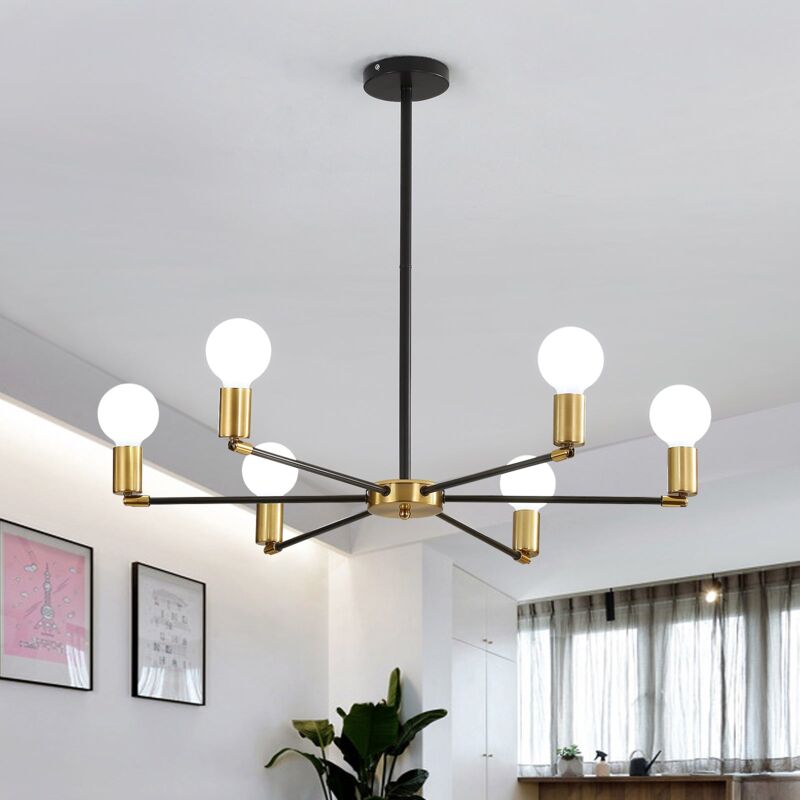 foto del prodotto goeco plafoniera vintage, lampada da soffitto industriale 6 teste, lampadario in ferro nero e oro per sala da pranzo, soggiorno, camera da letto