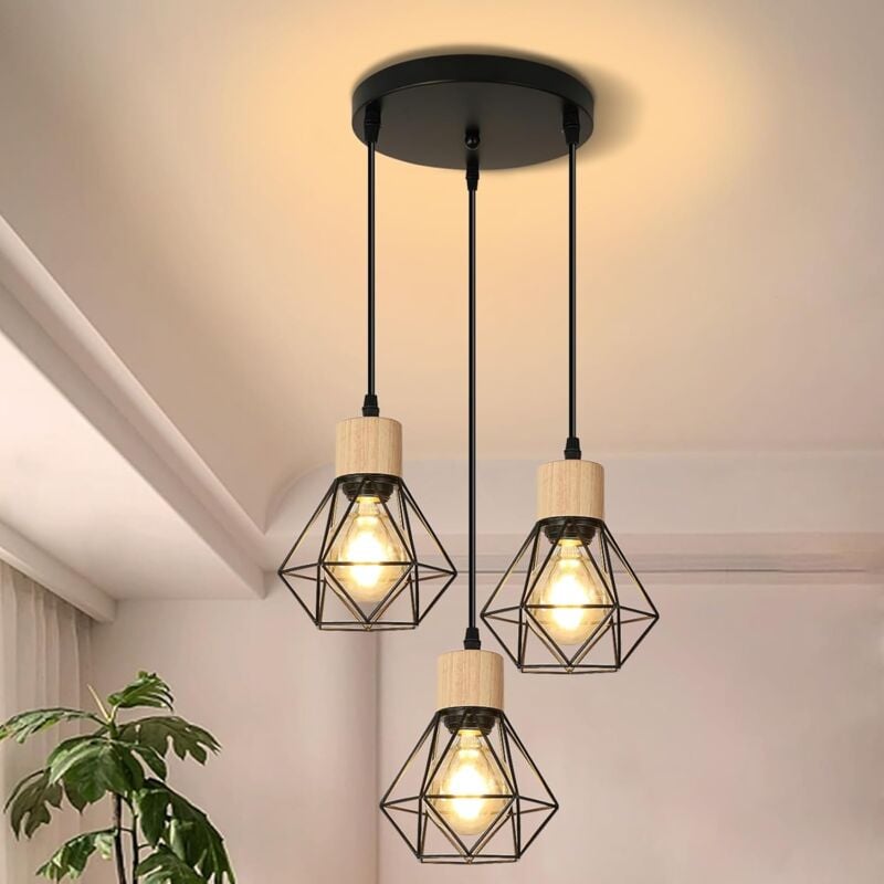foto del prodotto goeco sospensione luminosa in legno, lampadario industriale in metallo, 3 lampade, lampada da soffitto vintage e27 per camera da letto, salotto,