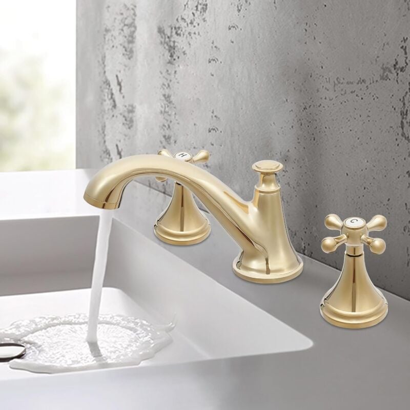 foto del prodotto gojoy bagno tre fori doppia apertura e chiusura lavabo rubinetto retr oro, ottone rubinetto lavabo acqua calda e fredda, per bagno, cucine,