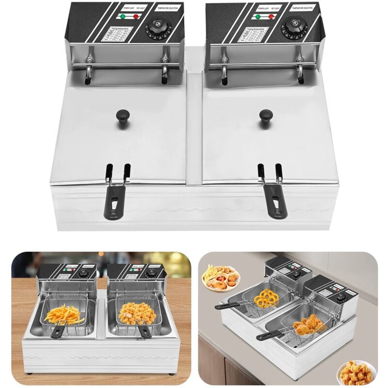foto del prodotto gojoy friggitrice a doppia friggitrice elettrica in acciaio inox, 12 l, friggitrice elettrica con 2 cestini e coperchi per patatine fritte, pollo,