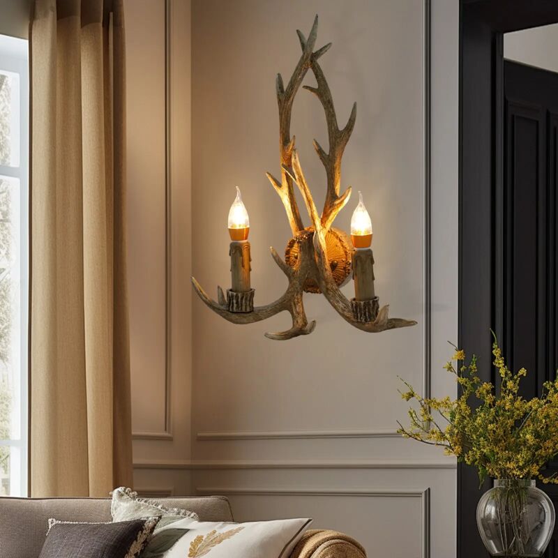 foto del prodotto gojoy lampada da parete vintage, lampada da parete con corno di cervo, due lampadine led e14 da 5 w, stile vintage, rustico, per corridoio di casa,