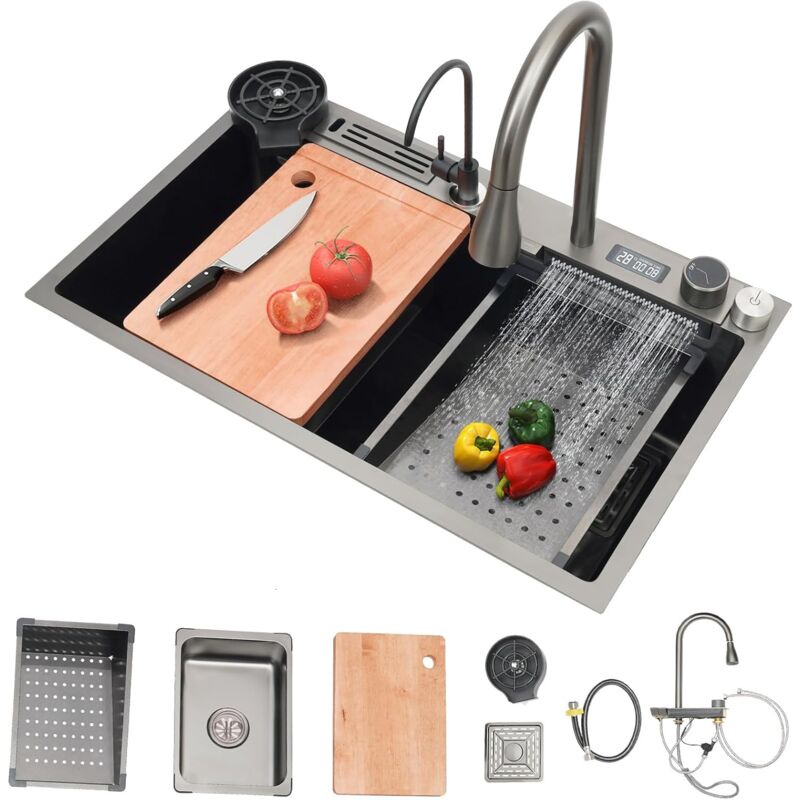foto del prodotto gojoy lavello da cucina con display digitale a cascata in acciaio inox, singolo ciotola, lavello da incasso, grande lavello, 1 vasca, con tagliere