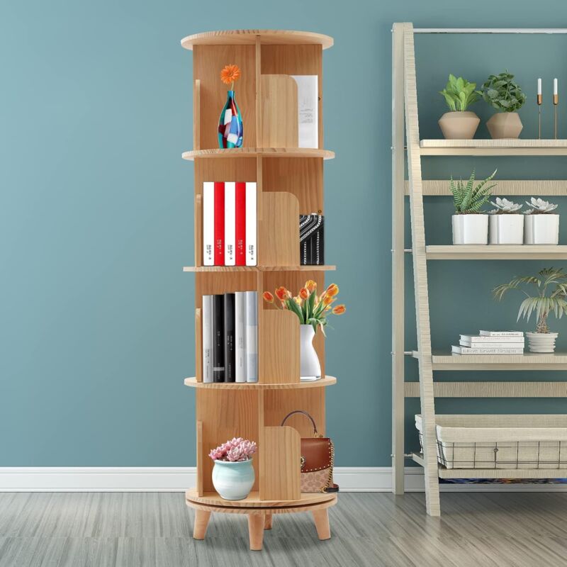 foto del prodotto gojoy libreria girevole a pavimento, in legno, per bambini, adulti, in legno massello a 360 gradi 4 ripiani 