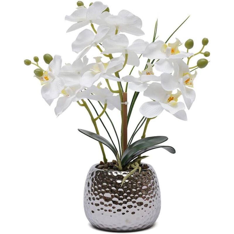 foto del prodotto gojoy pianta artificiale orchidea fiori artificiali 39 cm con vaso in ceramica per coffee shop, decorazione della finestra, partito, cucina, ecc.