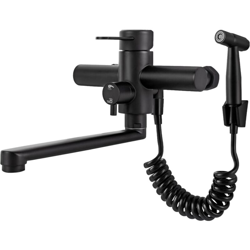 foto del prodotto gojoy rubinetto a parete con pistola a spruzzo, erogatore girevole a 360 , rubinetto da parete per cucina, colore nero, facile da montare