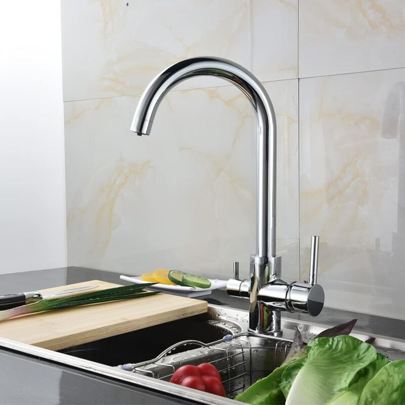 foto del prodotto gojoy rubinetto da cucina a 3 vie, rubinetto da cucina per sistema di impianto osmosi, filtro dell acqua 3 in 1, rubinetto in acciaio inox con 2