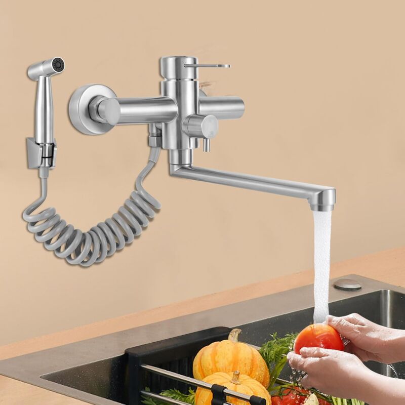 foto del prodotto gojoy rubinetto da cucina a parete, con pistola a spruzzo, girevole a 360 , miscelatore da cucina a freddo e caldo, miscelatore monocomando da