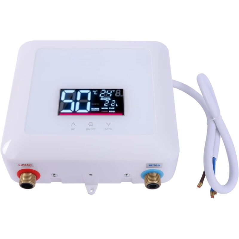 foto del prodotto gojoy scaldabagno elettrico istantaneo da 7500 w con display lcd telecomando, ipx4, sotto lavello, resistente alla pressione, per cucina, bagno e