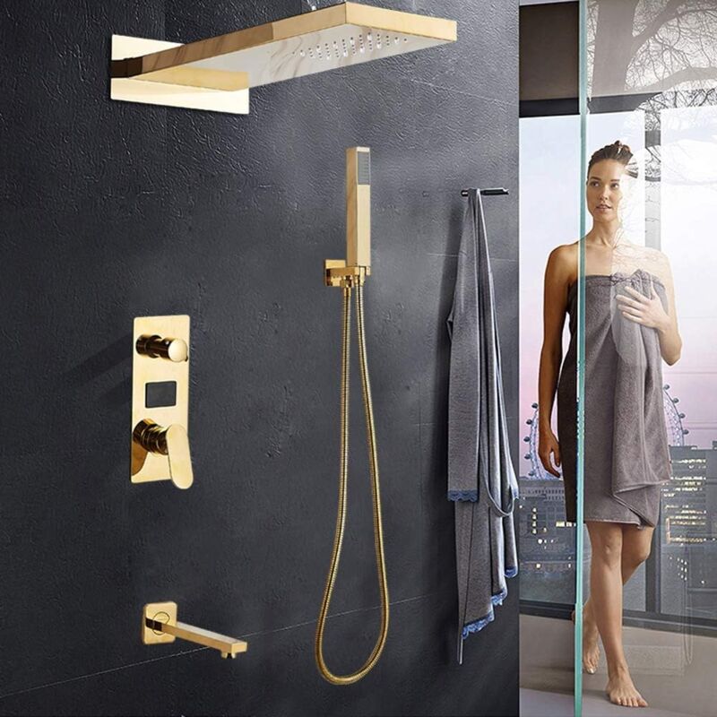 foto del prodotto gojoy sistema doccia con termostato golden , miscelatore doccia, doccia a pioggia, colonna doccia, soffione doccia, doccetta, doccia a pavimento