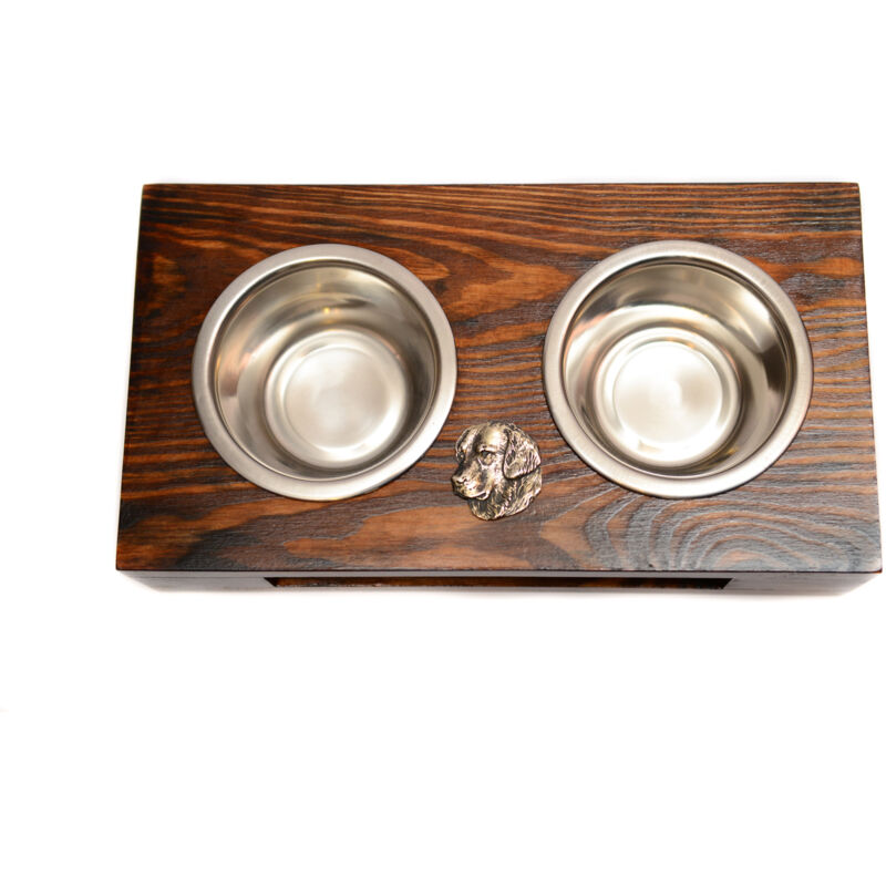 foto del prodotto golden retriever supporto in legno con ciotole per cani, ciotole in acciaio per cani, regalo per l adozione di un cane di art dog