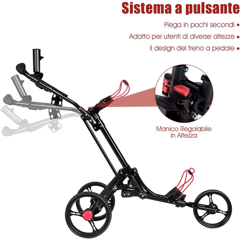 foto del prodotto golf cart pieghevole con 3 ruote carrello di golf con portaombrelli golf push cart girevole goplus