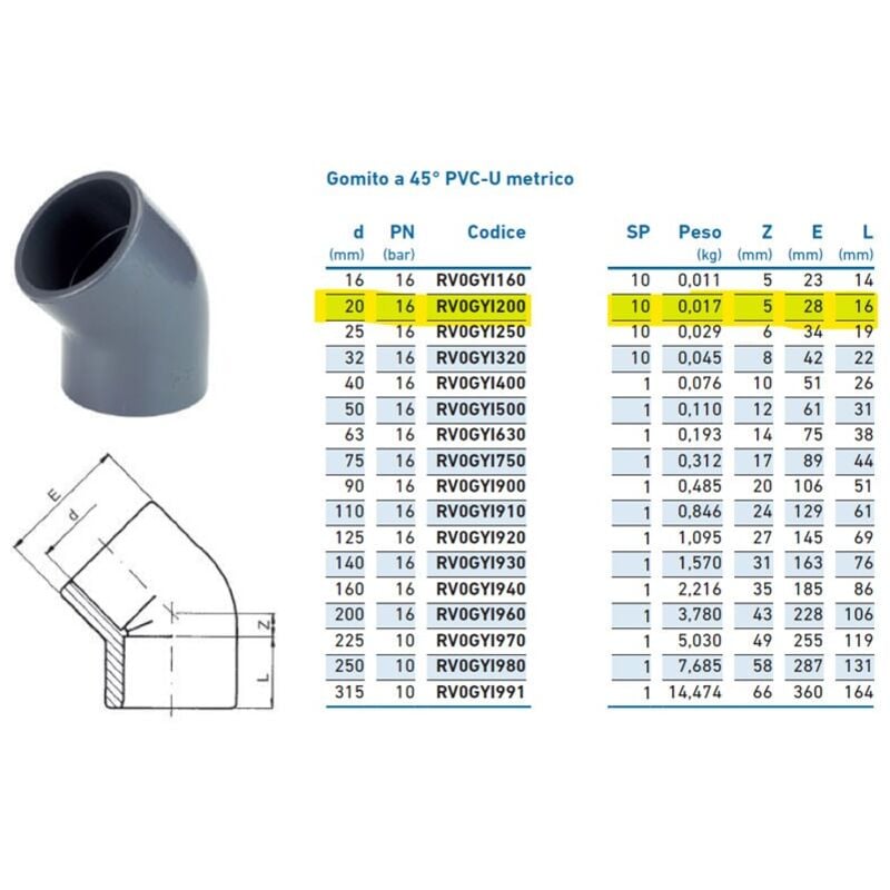 foto del prodotto gomito a 45 pvc-u metrico 20 pn16 per incollaggio inpfgy120000 - - irritec - -