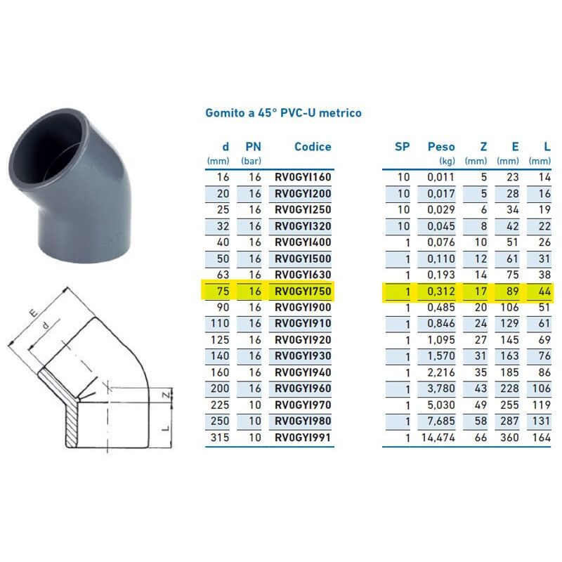 foto del prodotto gomito a 45 pvc u metrico 75 pn16 per incollaggio inpfgy175000 irritec 