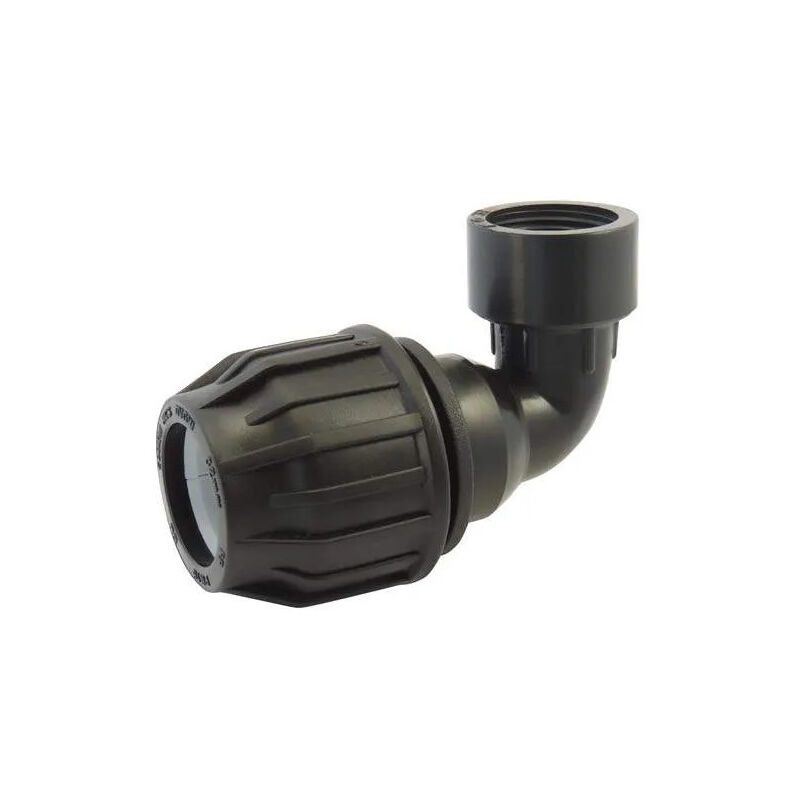 foto del prodotto gomito a compressione a 90 per pe diametro 25 mm, filettatura femmina 26x34.