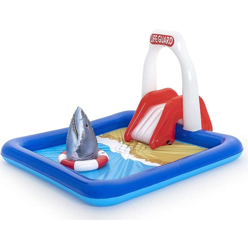 foto del prodotto gonfiabile bestway lifeguard tower play center 234x203x129 cm con spruzzatori, scivolo e squalo