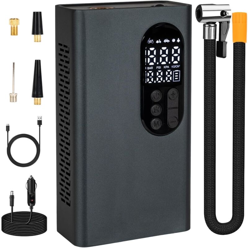 foto del prodotto gonfiatore per pneumatici compressore d aria portatile 150 psi alloggiamento in lega di alluminio pompa per pneumatici senza fili led doppio display