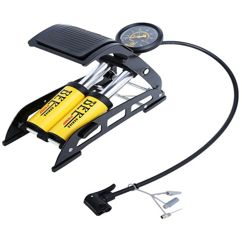 foto del prodotto gonfiatore pompa pedale manometro 2 cilindri auto moto bici 11bar 160psi j44b01