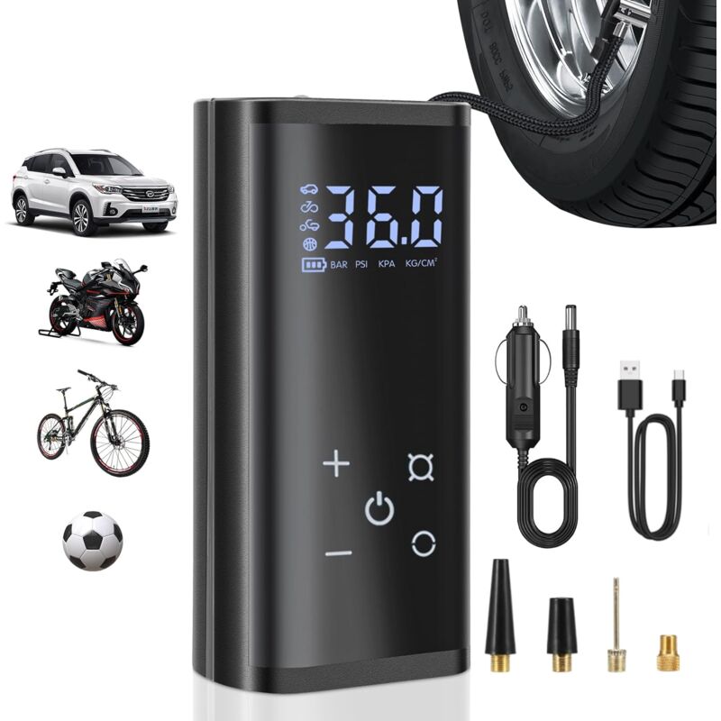 foto del prodotto gonfiatore portatile per pneumatici per auto, modello con display digitale touch come power bank tre batterie 6000 mah, moto e auto.