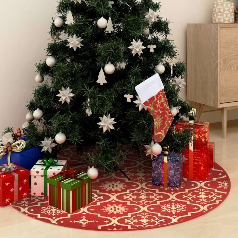 foto del prodotto gonna albero natale raffinata con calza rosso tessuto 90 cm vidaxl