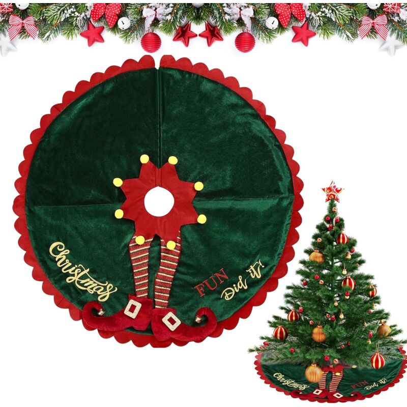 foto del prodotto gonna per albero di natale con elfo, copertura per base albero di natale, gonna per albero grande 120 cm 48 pollici, tappetino per base albero, gonna