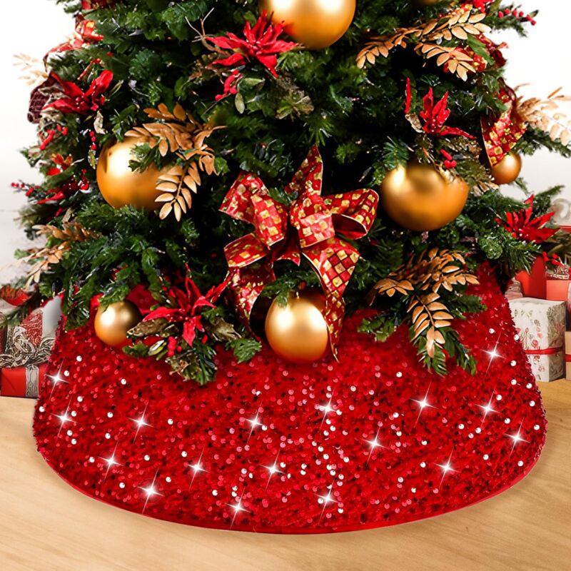foto del prodotto gonna per albero di natale, copertura per base albero di natale, gonna per albero di natale glitterata rossa 60x40cm, collare per albero di natale,