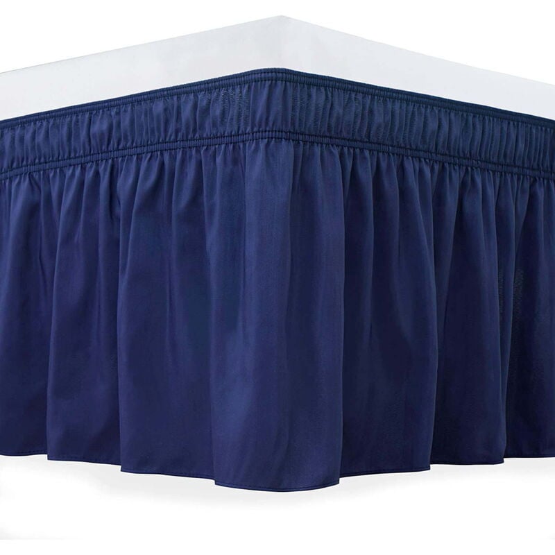 foto del prodotto gonne avvolgenti per letto con cinture regolabili per letti matrimoniali, caduta da 12 pollici, balze elastiche blu navy, tessuto setoso lussuoso e