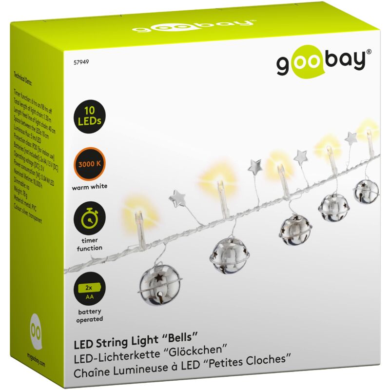 foto del prodotto goobay 57949 catena luminosa a led con funzione timer, per interni, con 10 led campanelle stelle bianco caldo 3000 k ip20 1,3 m