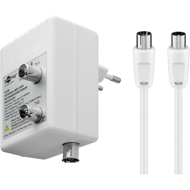 foto del prodotto goobay amplificatore d antenna con 2 uscite, 15 30 db, per collegare fino a due ricevitori per la tv via cavo o la radio.