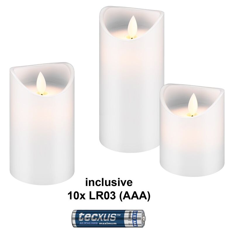 foto del prodotto goobay set di 3 candele a led in vera cera, bianco, incl. 10x aaa lr03 , con funzione timer e stoppino pendente, a batteria, bianco caldo 2700