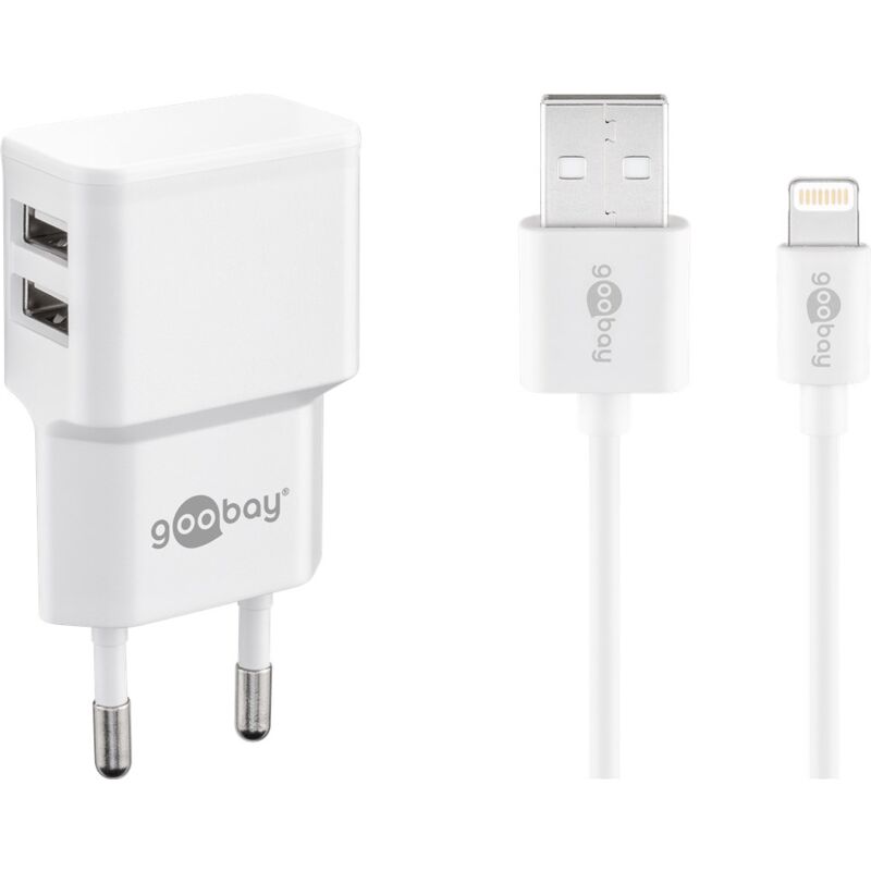 foto del prodotto goobay set di ricarica doppia apple lightning 12 w , alimentatore con 2x presa usb e cavo apple lightning 1 m bianco .