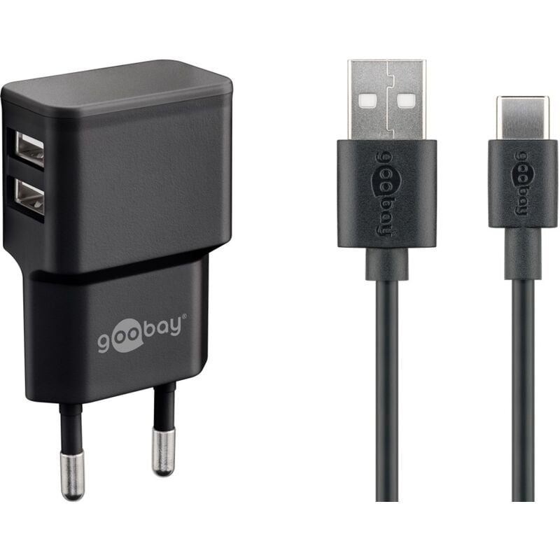 foto del prodotto goobay set di ricarica doppia usb c 12 w , alimentatore con presa 2x usb e cavo usb type c 1 m nero .