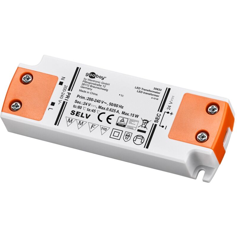 foto del prodotto goobay trasformatore led 24 v dc , 15 w, per led fino a 15 w di carico totale e tensione diretta di 24 v dc .
