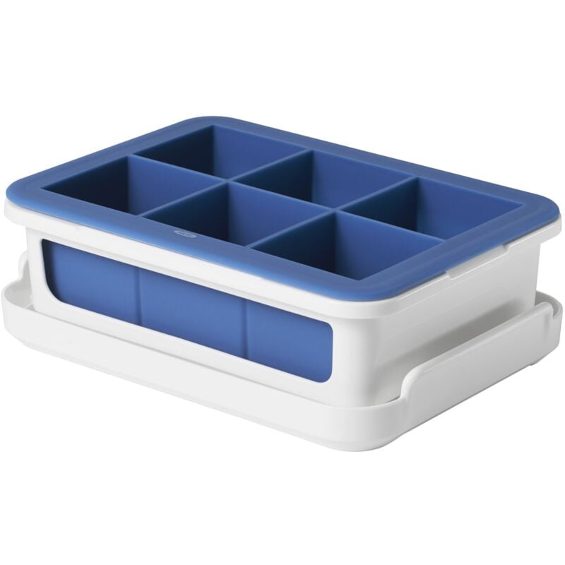 foto del prodotto good grips, vaschetta per cubetti di ghiaccio a tenuta stagna con coperchio per cubetti di ghiaccio di grandi dimensioni, in silicone, bianco blu