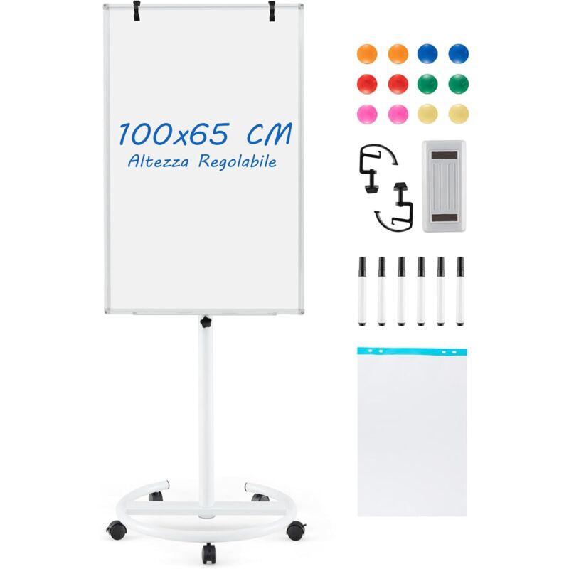 foto del prodotto goplus 100 x 65 x 132 192 cm lavagna bianca a secco mobile, lavagna magnetica con ruote e supporto regolabile in altezza, 1 cancellino,12