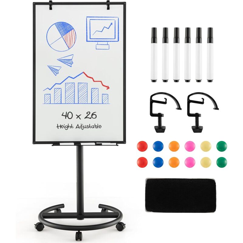 foto del prodotto goplus 100 x 65 x 132 192 cm lavagna bianca a secco mobile, lavagna magnetica con ruote e supporto regolabile in altezza, 1 cancellino,12