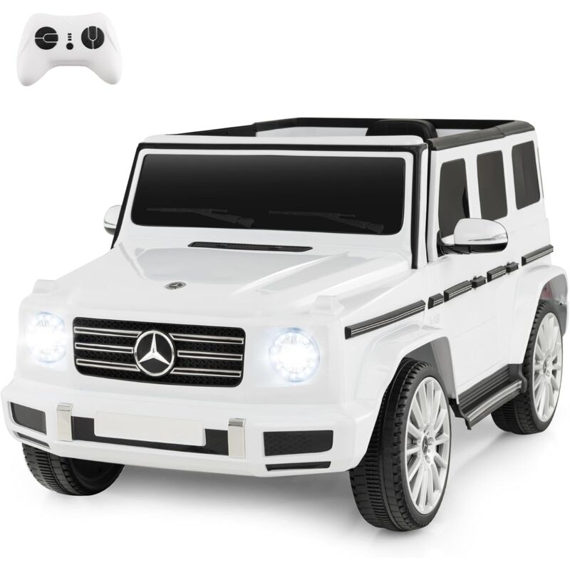 foto del prodotto goplus 12v auto elettrica a batteria con telecomando, fari, musica, sistema di sospensione a molla, porte bloccabili, cintura di sicurezza bianco 