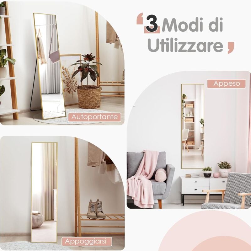 foto del prodotto goplus 160 x 40 cm specchio ad alta definizione a figura intera, specchio a piantana con cornice in alluminio, specchio da parete per camera da