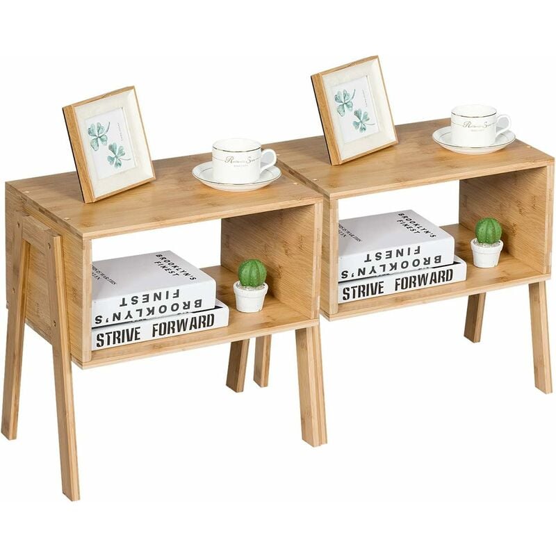 foto del prodotto goplus 2 comodini in bamb , tavolini impilabili, con scompartimento, comodini da notte, struttura compatta, tavolino in legno naturale, ideale per