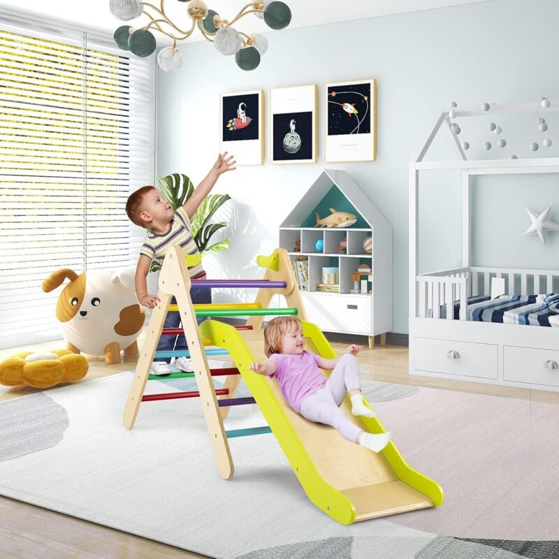 foto del prodotto goplus 2 in 1 scala a triangolo per bambini con rampa, giocattolo per arrampicata a triangolo in legno con scivolo regolabile, corrimano di