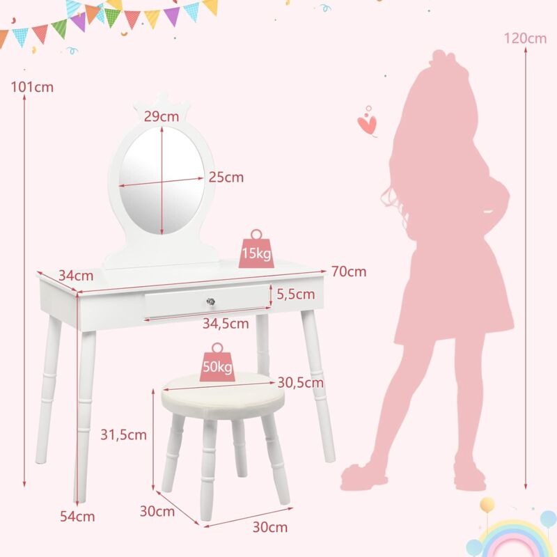 foto del prodotto goplus 2 in 1 toeletta trucco bambini, con specchiera rimovibile, tavolo sgabello, cassetto portaoggetti, in legn, 70x34x100 cm, rosa bianco