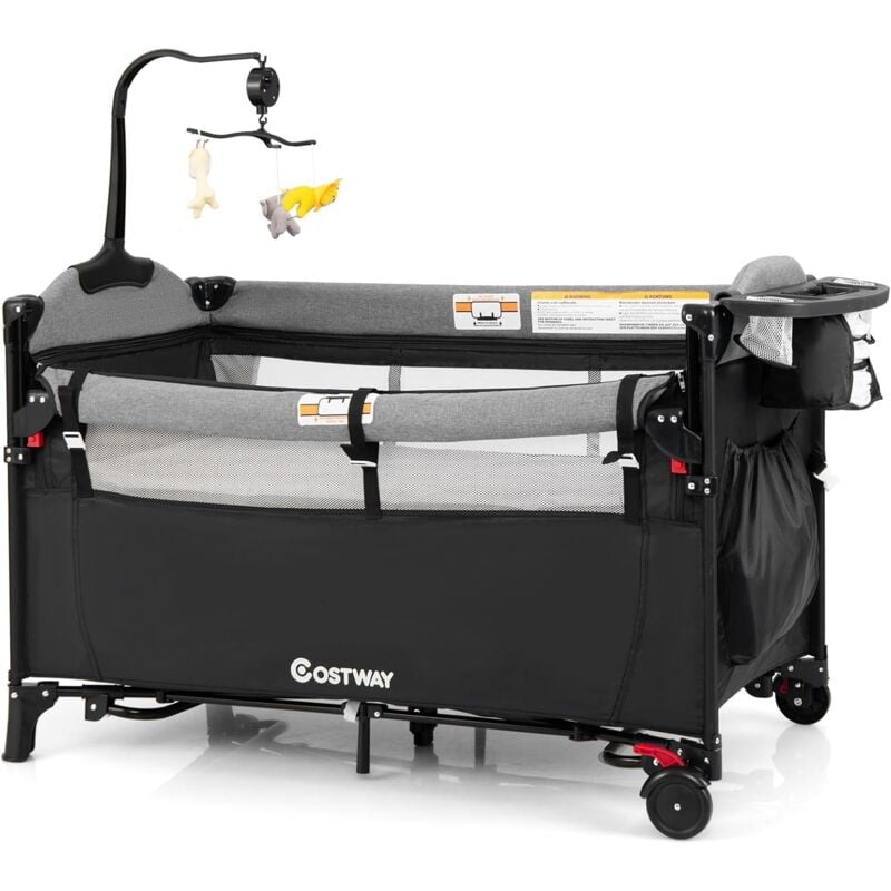 foto del prodotto goplus 5 in 1 lettino per bambini pieghevole e portatile con fasciatoio, dondolo, altezza regolabile, con ruote, materasso e borsa, giocattoli