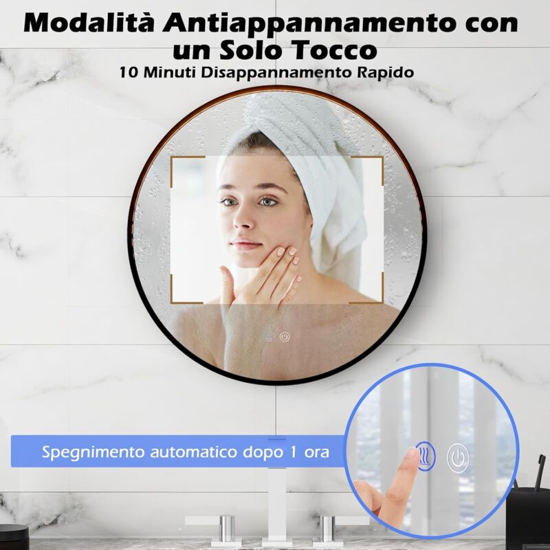 foto del prodotto goplus 60 x 60 cm specchio da bagno led disappannamento, specchio rotondo con funzione memoria e telaio in alluminio, specchio da muro illuminato