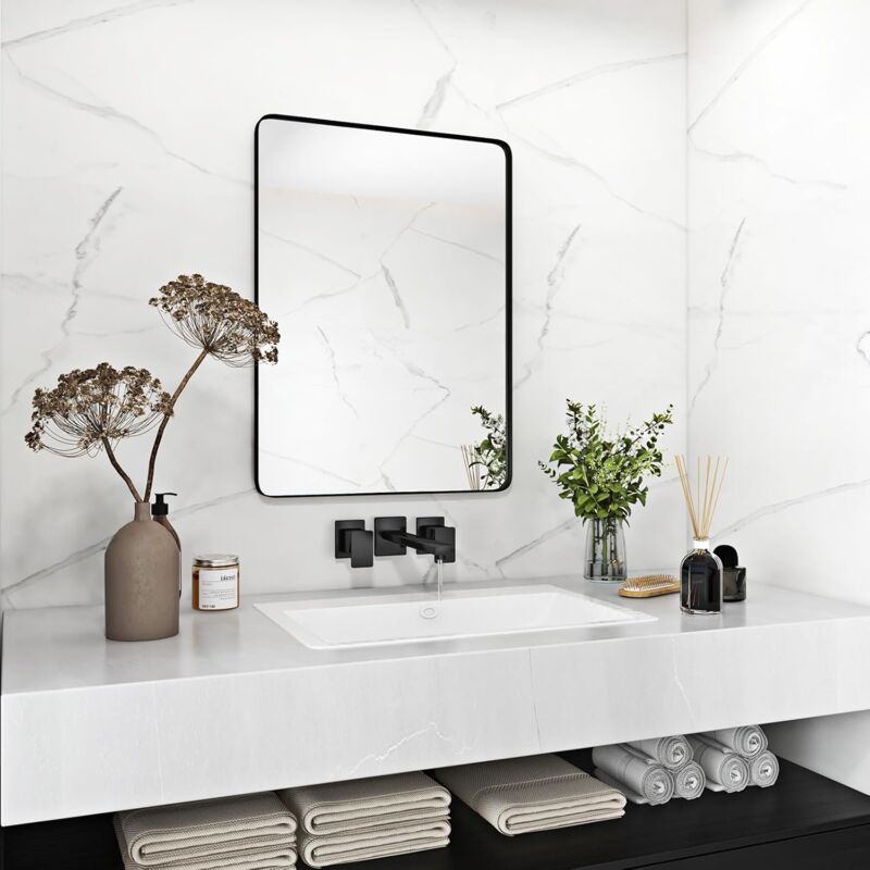 foto del prodotto goplus 76x56cm specchio da parete nero per bagno, specchio rettangolare con cornice in metallo robusto e angoli arrotondati per sopra lavandino,