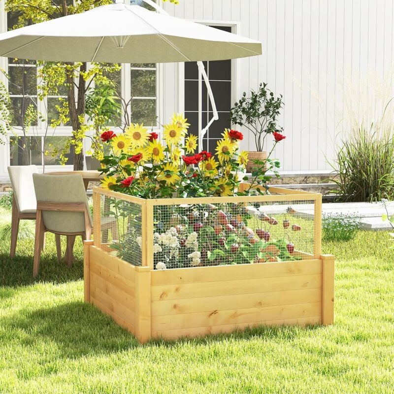 foto del prodotto goplus aiuola in legno, con recinzione in rete, base e aperta, con diverse zone di coltivazione, per giardino, balcone, terrazzo, 107 x 107 x 70 cm