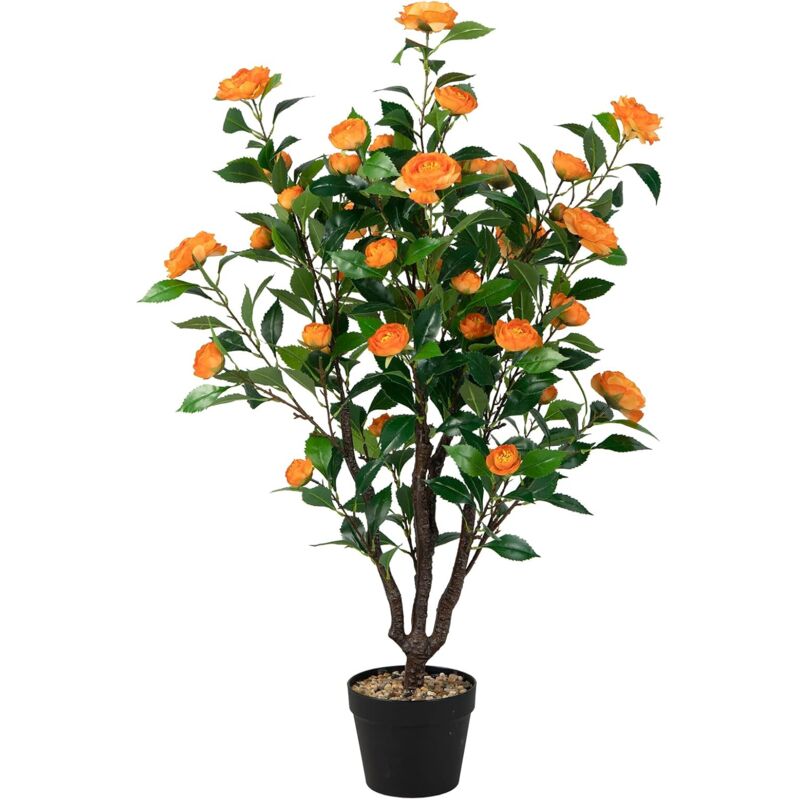 foto del prodotto goplus albero di camelia artificiale da 102 cm, in vaso di cemento, pianta finta da interno esterno, pianta di camelia finta con 37 fiori, per uso