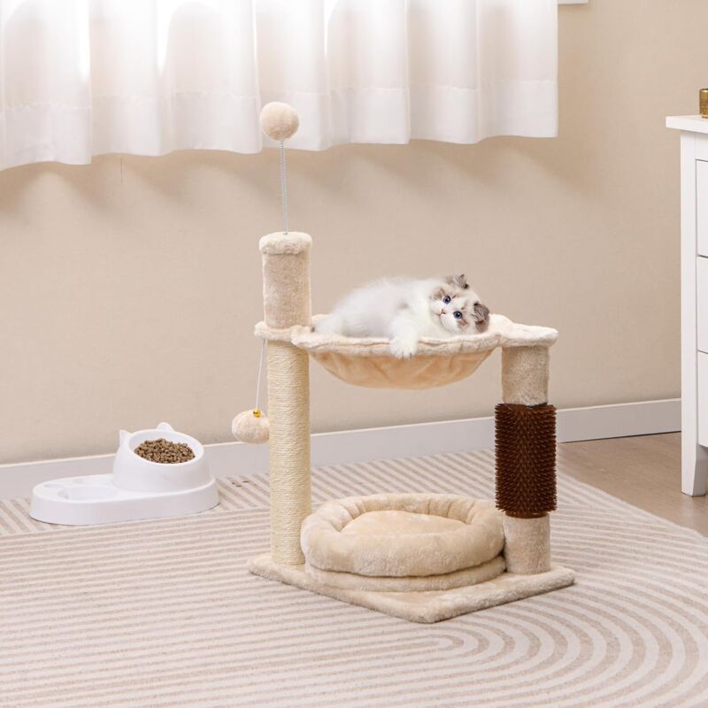 foto del prodotto goplus albero per gatti a 2 livelli in peluche, piccola torre per attivit con letto per gatti, amaca, tiragraffi, spazzola automassaggiante,