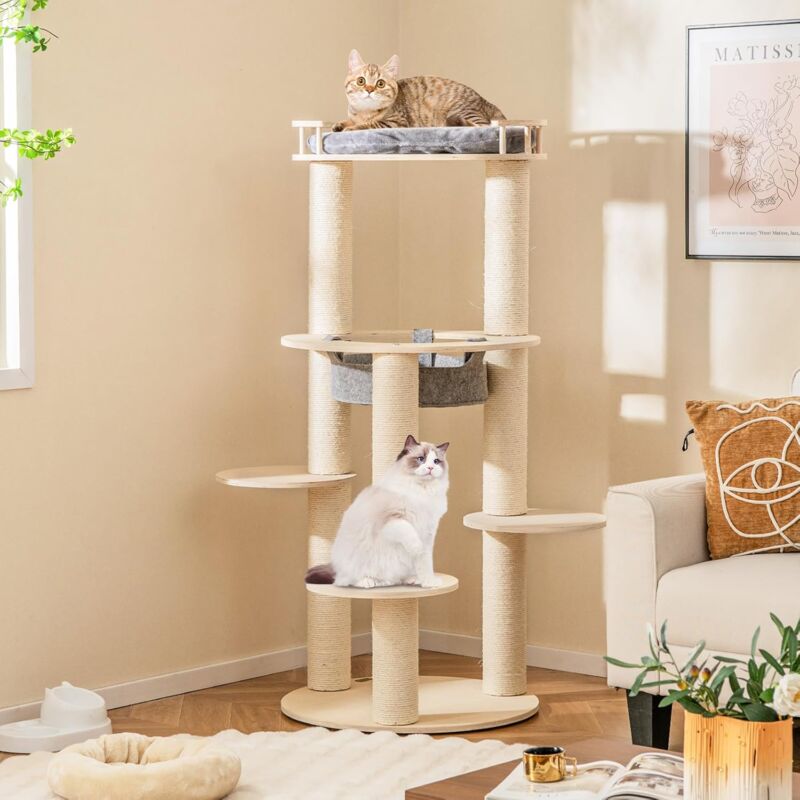 foto del prodotto goplus albero per gatti a 6 livelli da 150 cm, tiragraffi torre per gatti in legno con pianerottolo imbottito, amaca, 3 piattaforme e pali per graffi